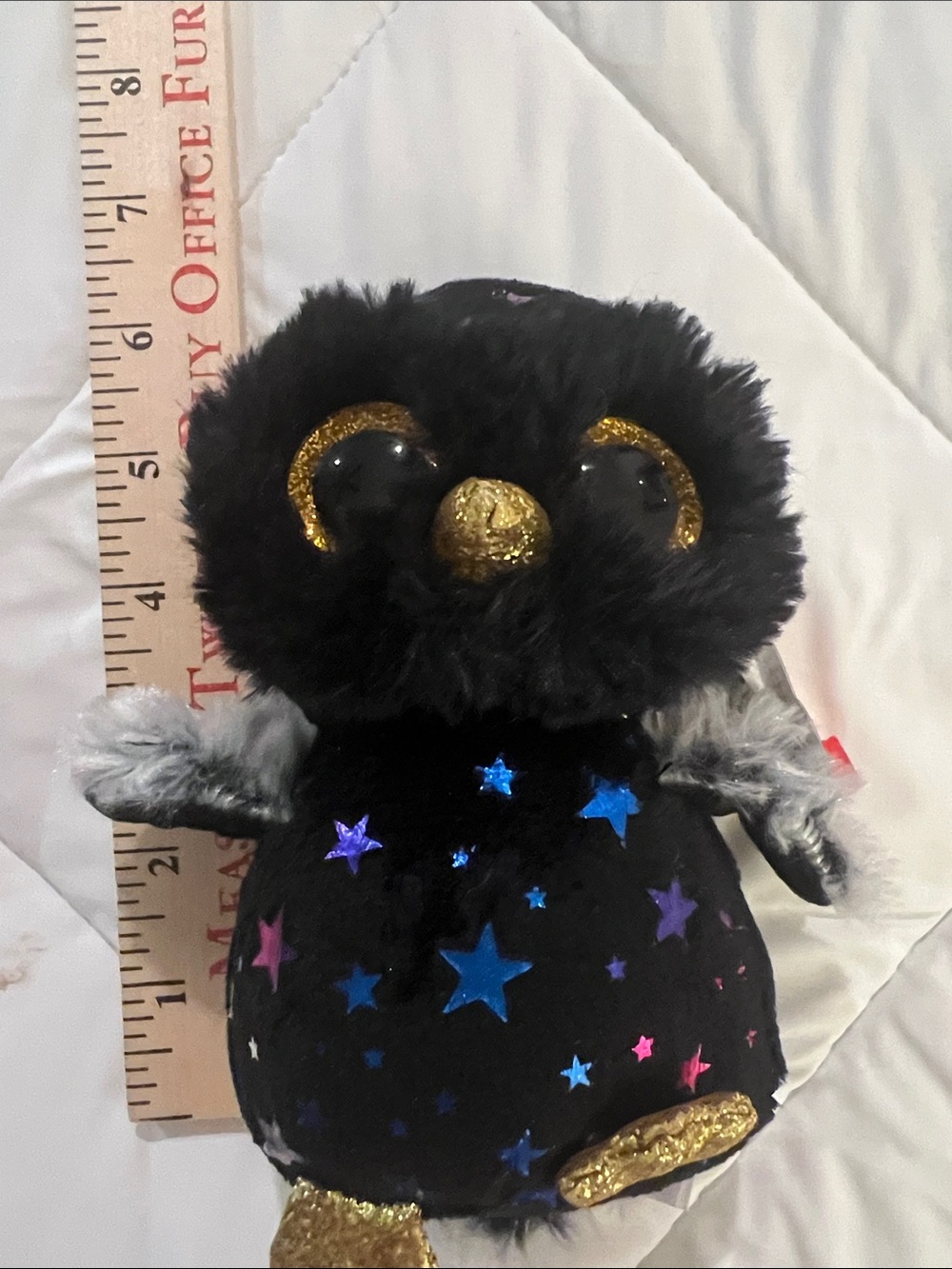 Ty Black Owl Plush with Gold Accents and Blue, Purple, Pink Stars